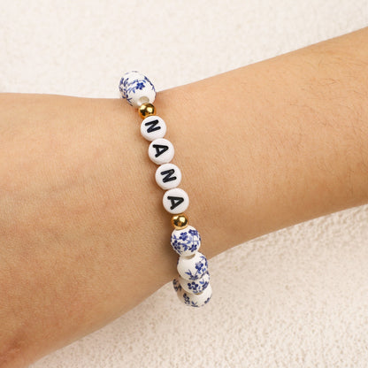 Blue Porcelain Floral Beaded Bracelet