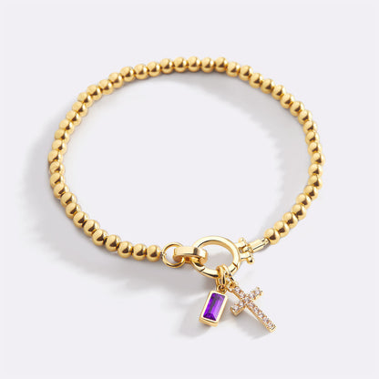 Cross Charm Birthstone Beaded Bracelet