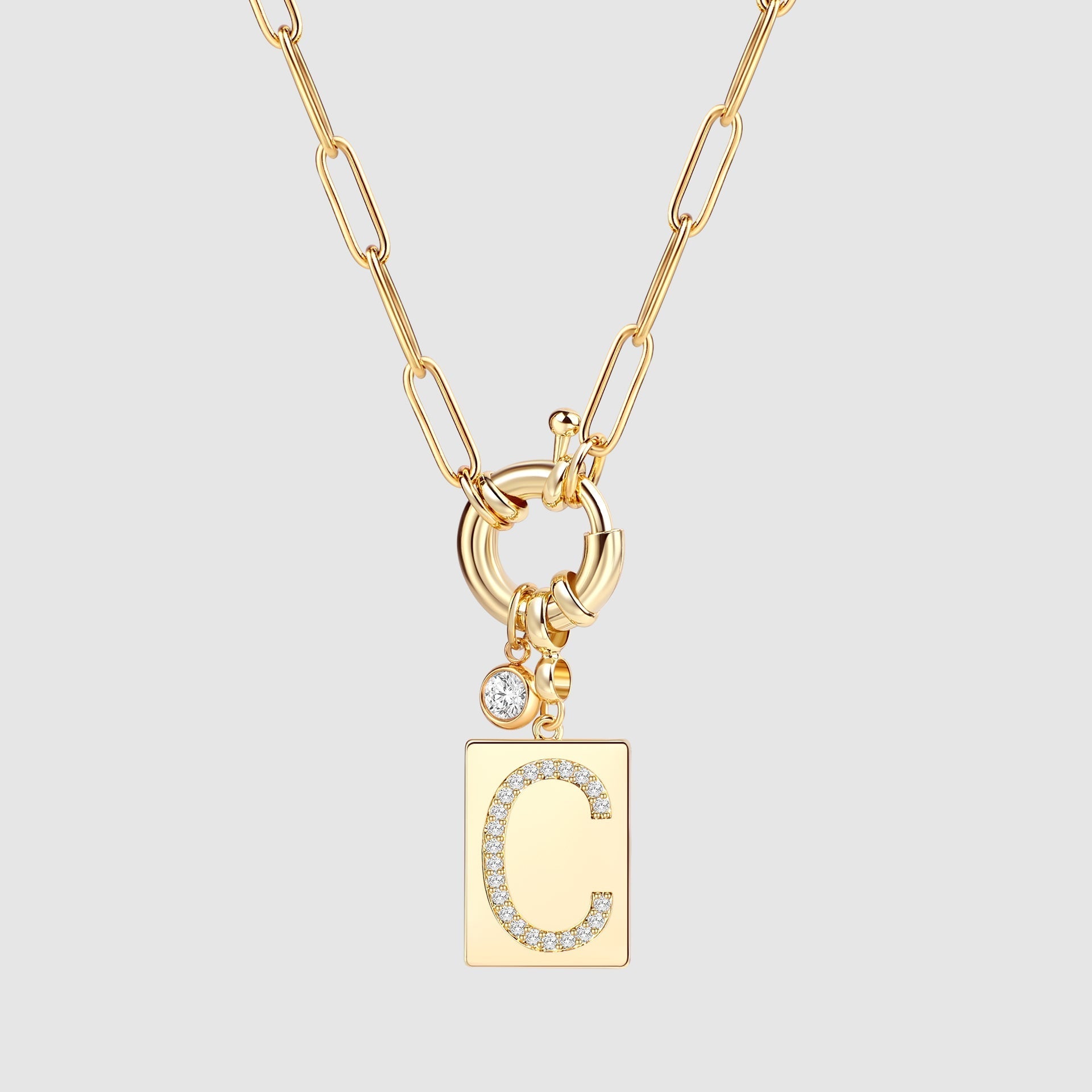 Pave Initial Pendant Necklace with Paperclip Chain