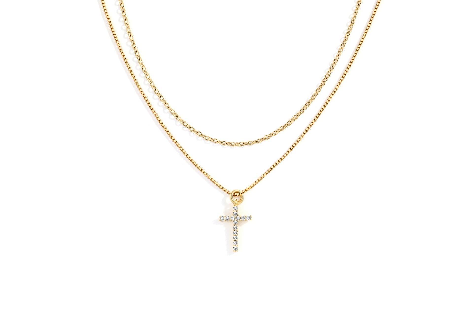 Dainty Cable Necklace with Pave Cross Chain Necklace Stacking Set