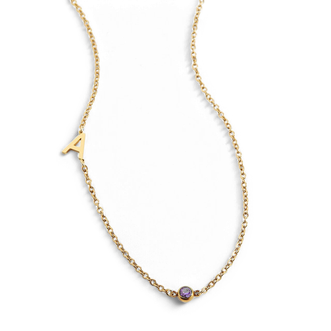 Personalized Initial Necklace with Birthstone Accent