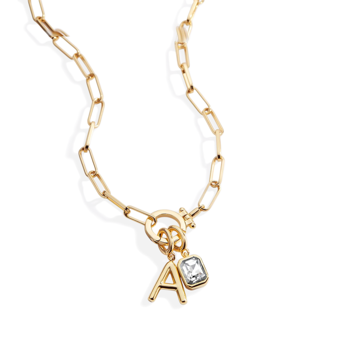 Paperclip Necklace with Initial & Birthstone Charm