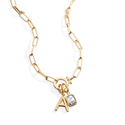 Paperclip Necklace with Initial & Birthstone Charm