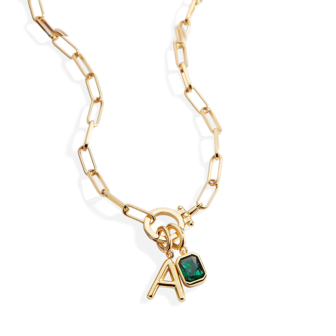 Paperclip Necklace with Initial & Birthstone Charm