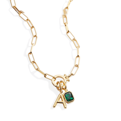 Paperclip Necklace with Initial & Birthstone Charm