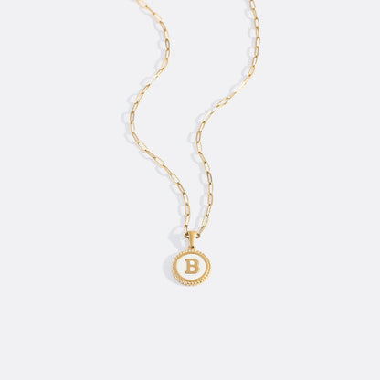 Mother of Pearl Disc Letter Necklace with Paperclip Chain