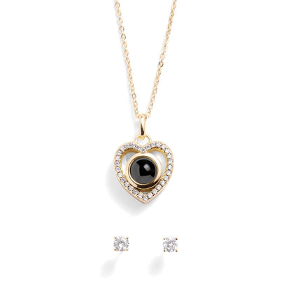 Personalized PavĂ© Heart Photo Necklace and Earring Gift Set