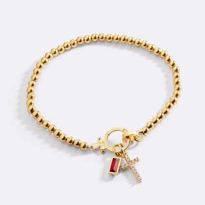Cross Charm Birthstone Beaded Bracelet