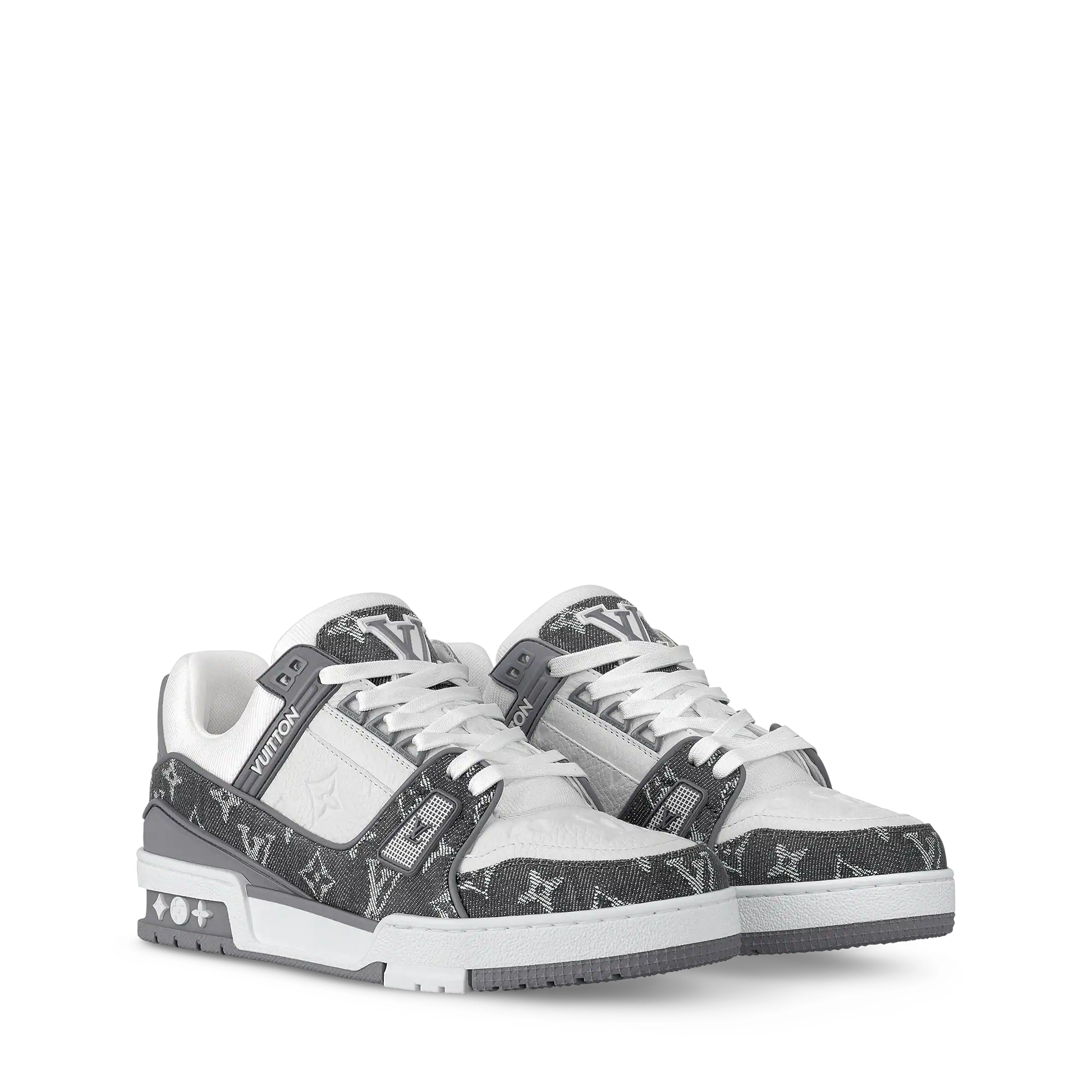Women's LV Trainer Sneaker Grey Calf Leather Monogram Denim 1AHOUD