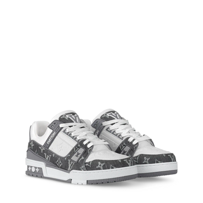 Women's LV Trainer Sneaker Grey Calf Leather Monogram Denim 1AHOUD