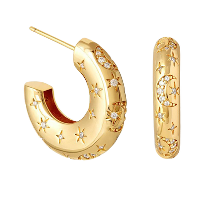 Moon and Stars Dome Hoop Earrings