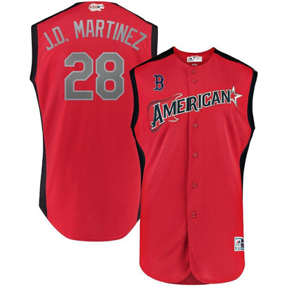 J.D. Martinez 28 American League Red 2019 MLB All-Star Game Workout Player Jersey