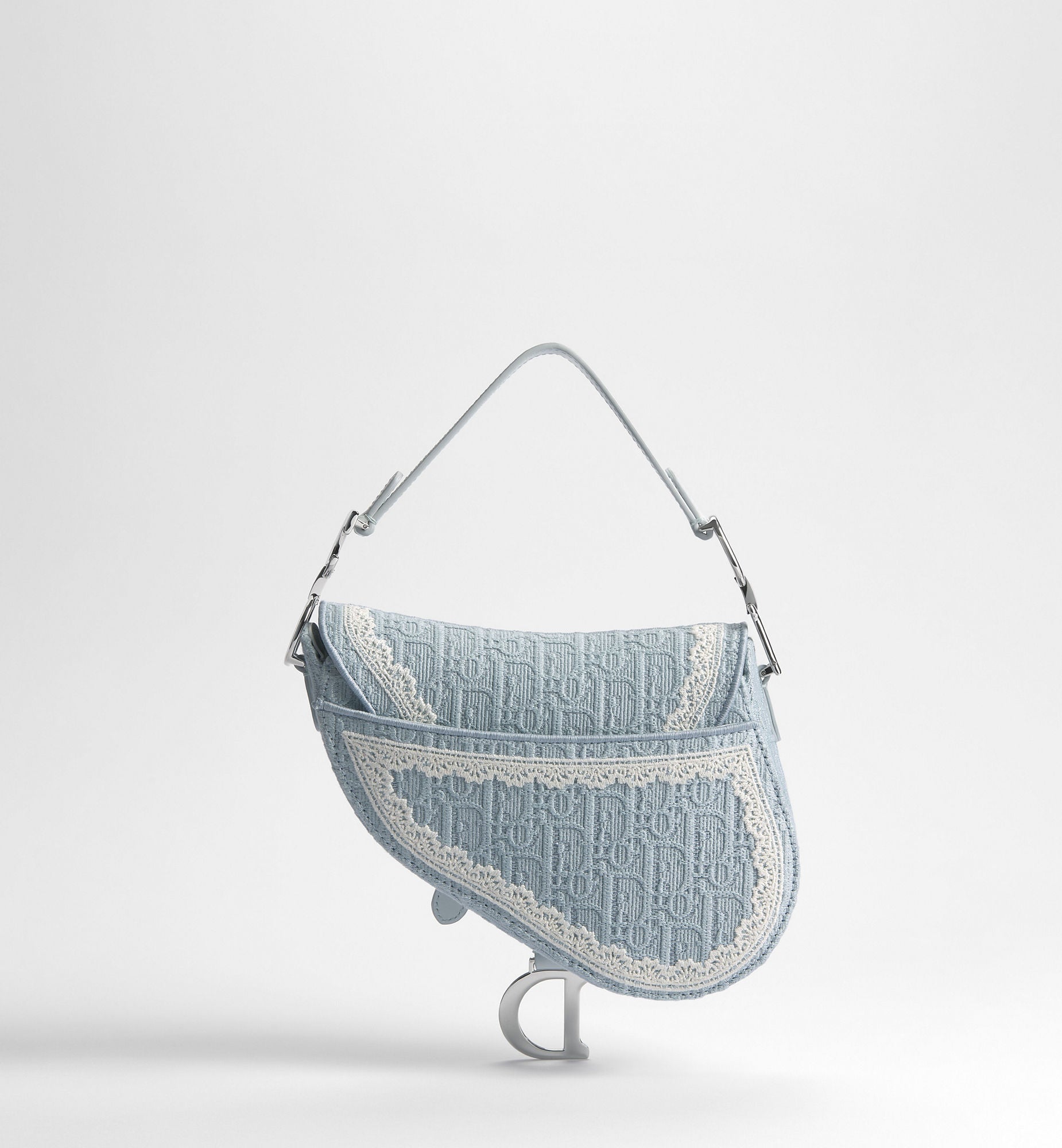 Women's Small Saddle Bag With Céleste Blue Oblique Embroidery And White Lace And Strap