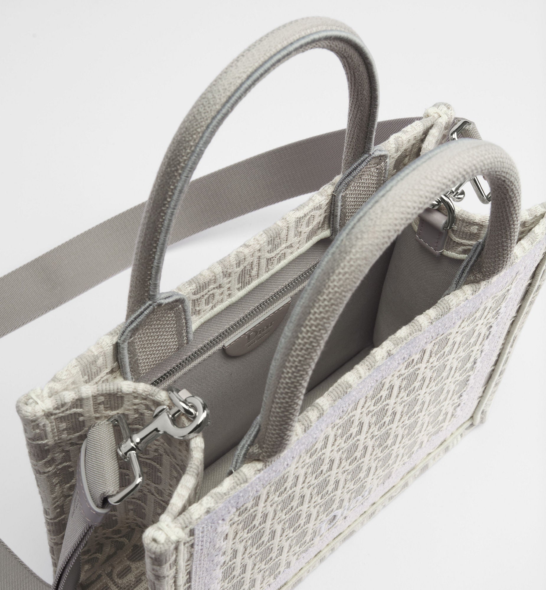 Women's Small Book Tote With Strap In Latte And Gray Oblique Embroidery And White Lace