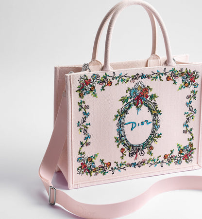 Medium Dior Book Tote With Pink Multicolor Dior Arabesque Embroidery And Strap
