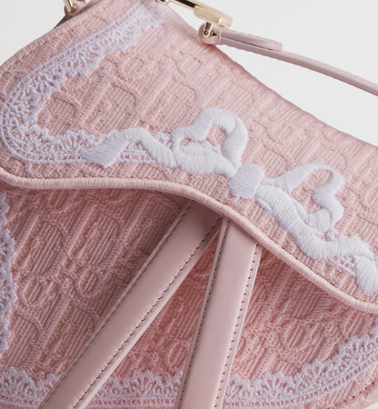Women's Small Saddle Bag With Soupir Pink Oblique Embroidery And White Lace And Strap