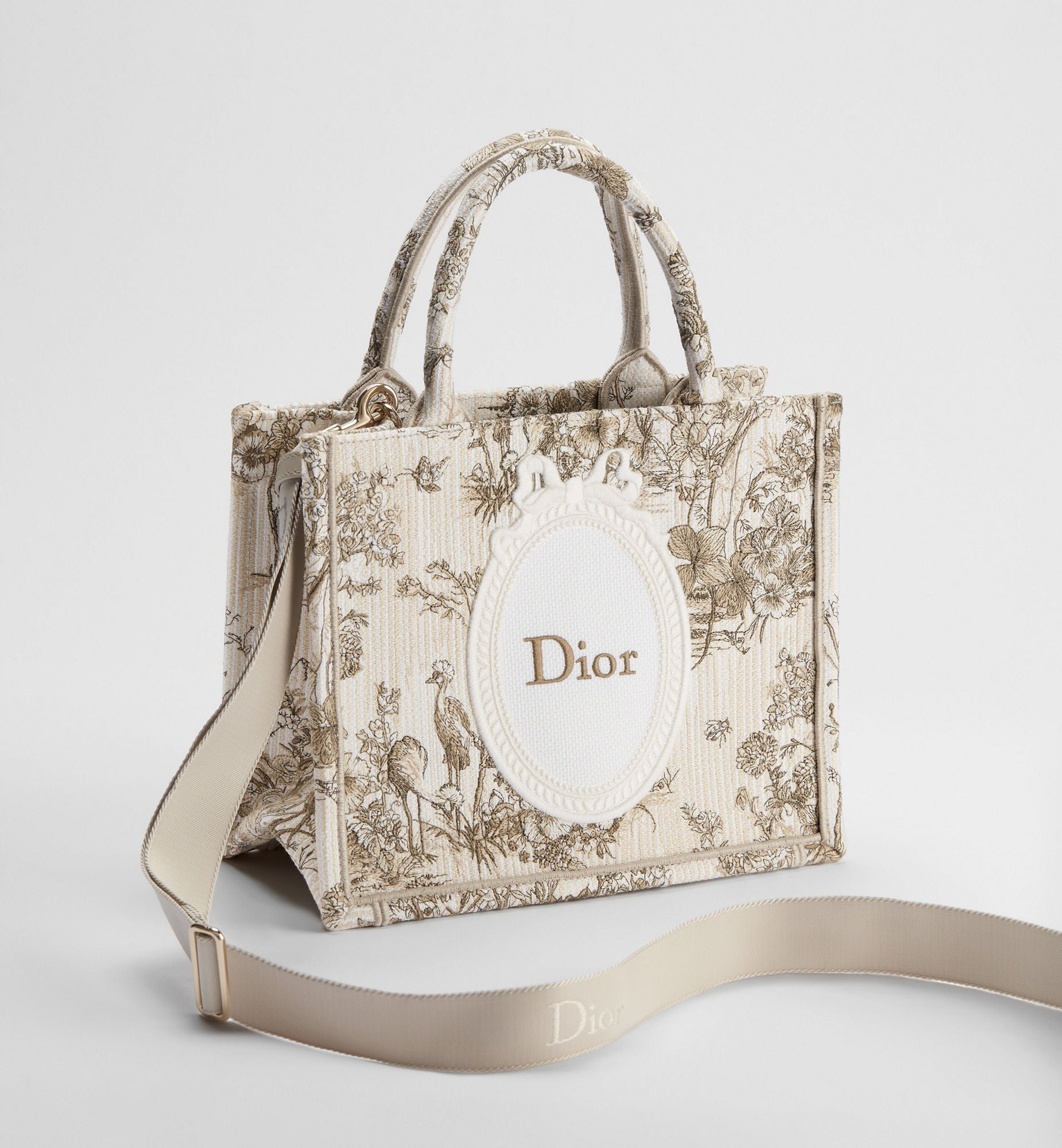 Women's Small Book Tote With Beige Multicolor Toile De Jouy Floral Garden Embroidery And Strap