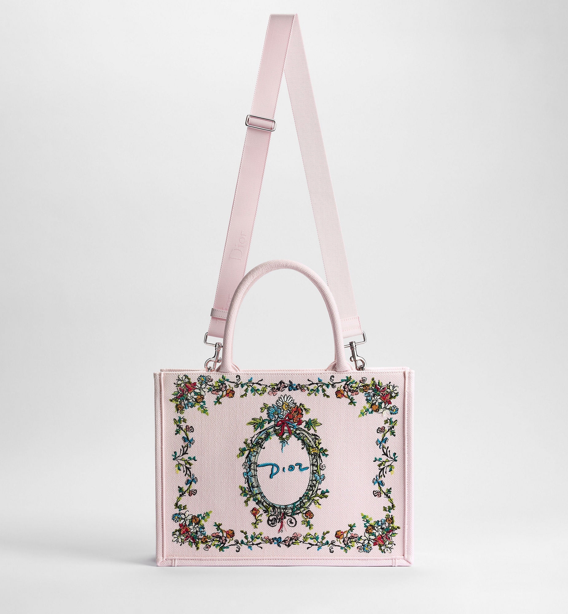 Medium Dior Book Tote With Pink Multicolor Dior Arabesque Embroidery And Strap