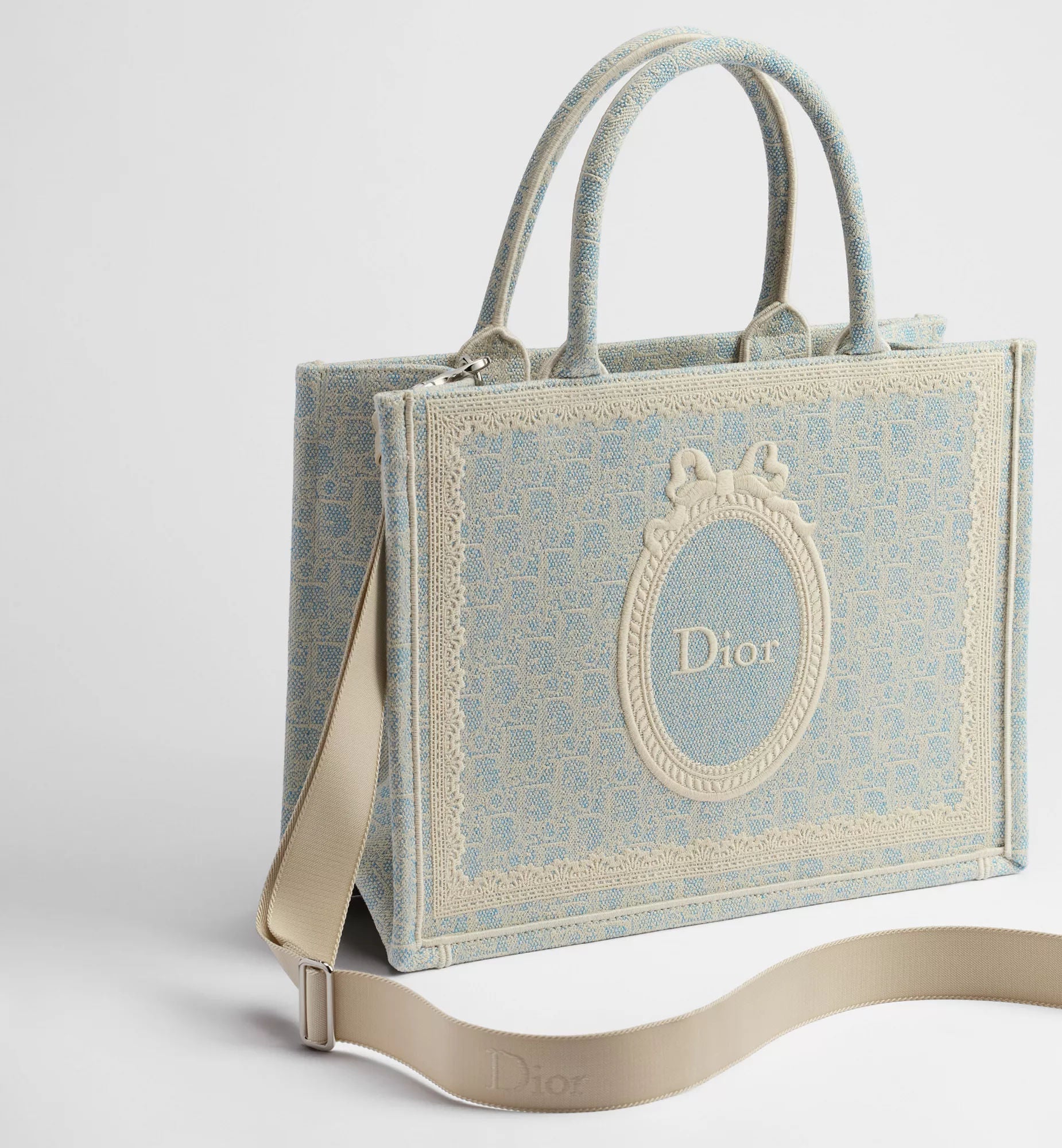 Women's Medium Book Tote With Céleste Blue Washed Embroidery And Shoulder Strap