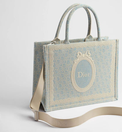 Women's Medium Book Tote With Céleste Blue Washed Embroidery And Shoulder Strap