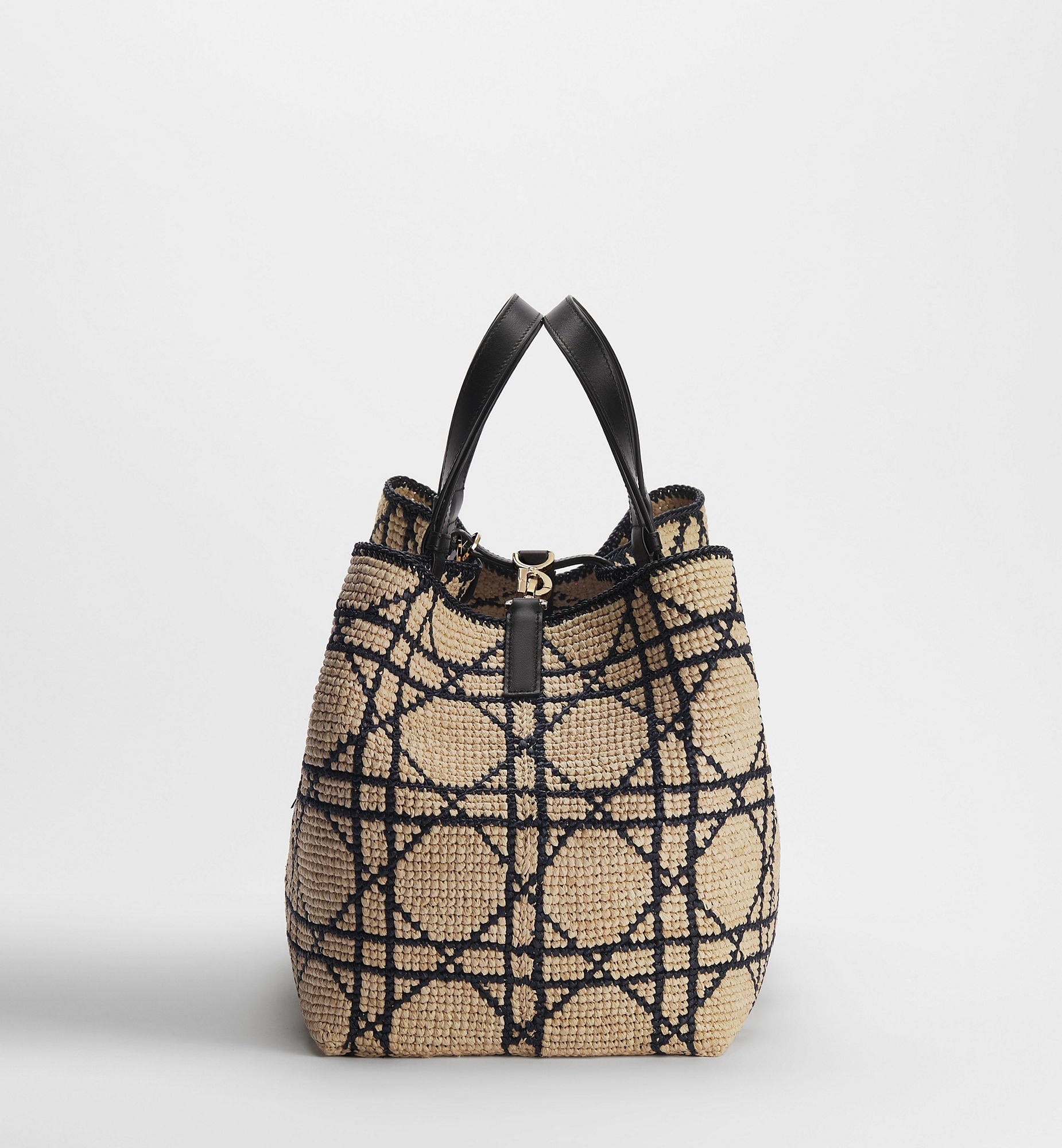 Large Toujours Bag With Natural and Black Macrocannage Raffia and Black Calfskin