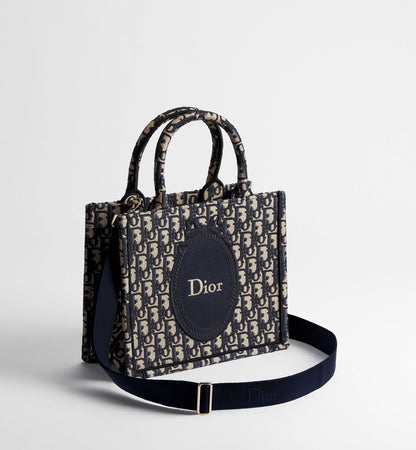 Women's Small Book Tote with Blue Oblique Jacquard and Médaillon Signature
