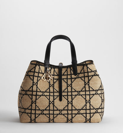 Large Toujours Bag With Natural and Black Macrocannage Raffia and Black Calfskin