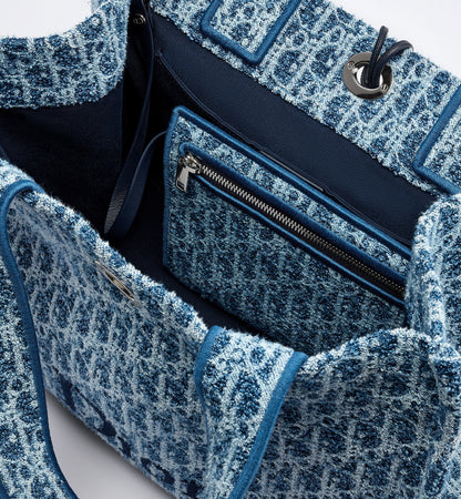 Women's Medium Spongy Book Tote With Blue Textured Fabric And Drawstring Closure