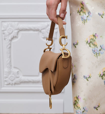 Women's Small Saddle Bag With Camel Grained Calfskin And Strap