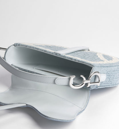 Women's Small Saddle Bag With Céleste Blue Oblique Embroidery And White Lace And Strap
