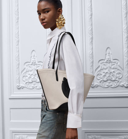 Women's Small Dior Blooming Bag With Beige Canvas And Black Calfskin