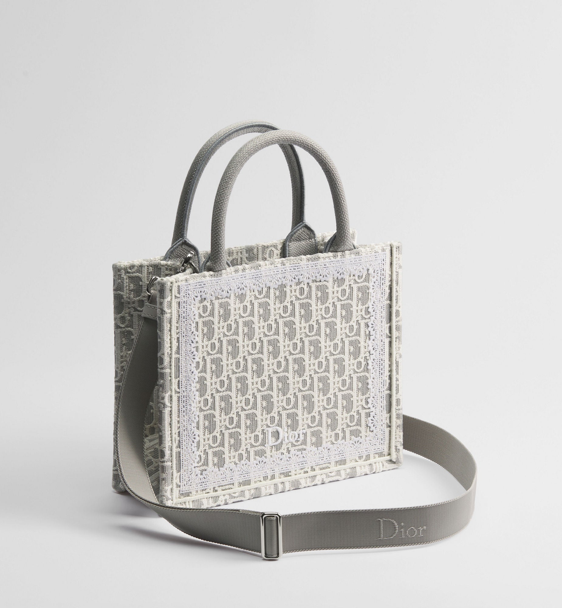 Women's Small Book Tote With Strap In Latte And Gray Oblique Embroidery And White Lace