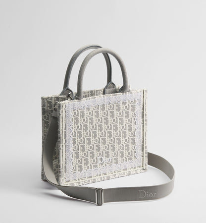 Women's Small Book Tote With Strap In Latte And Gray Oblique Embroidery And White Lace