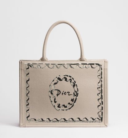 Women's Medium Book Tote With Beige Painted Ribbon Embroidery And Shoulder Strap