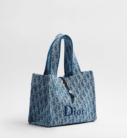 Women's Small Spongy Book Tote With Blue Textured Fabric And Embroidered Signature