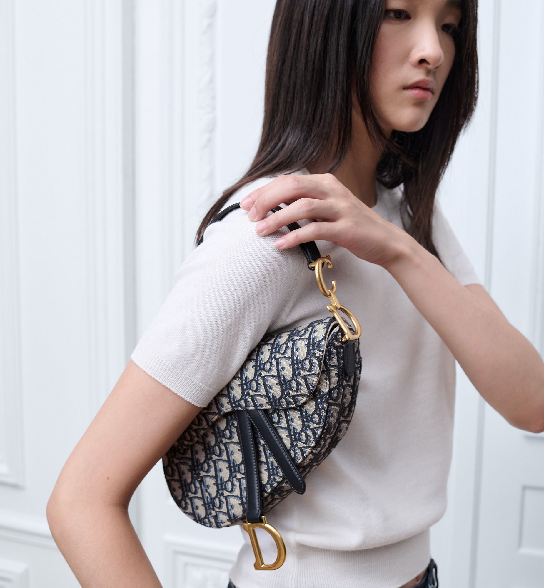 Women's Small Saddle Bag With Blue Oblique Jacquard And Strap