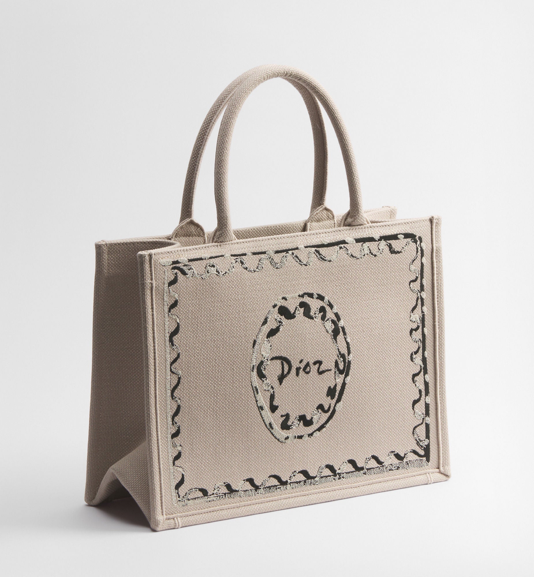 Women's Medium Book Tote With Beige Painted Ribbon Embroidery And Shoulder Strap