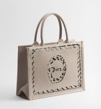 Women's Medium Book Tote With Beige Painted Ribbon Embroidery And Shoulder Strap