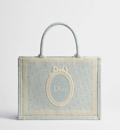 Women's Medium Book Tote With Céleste Blue Washed Embroidery And Shoulder Strap