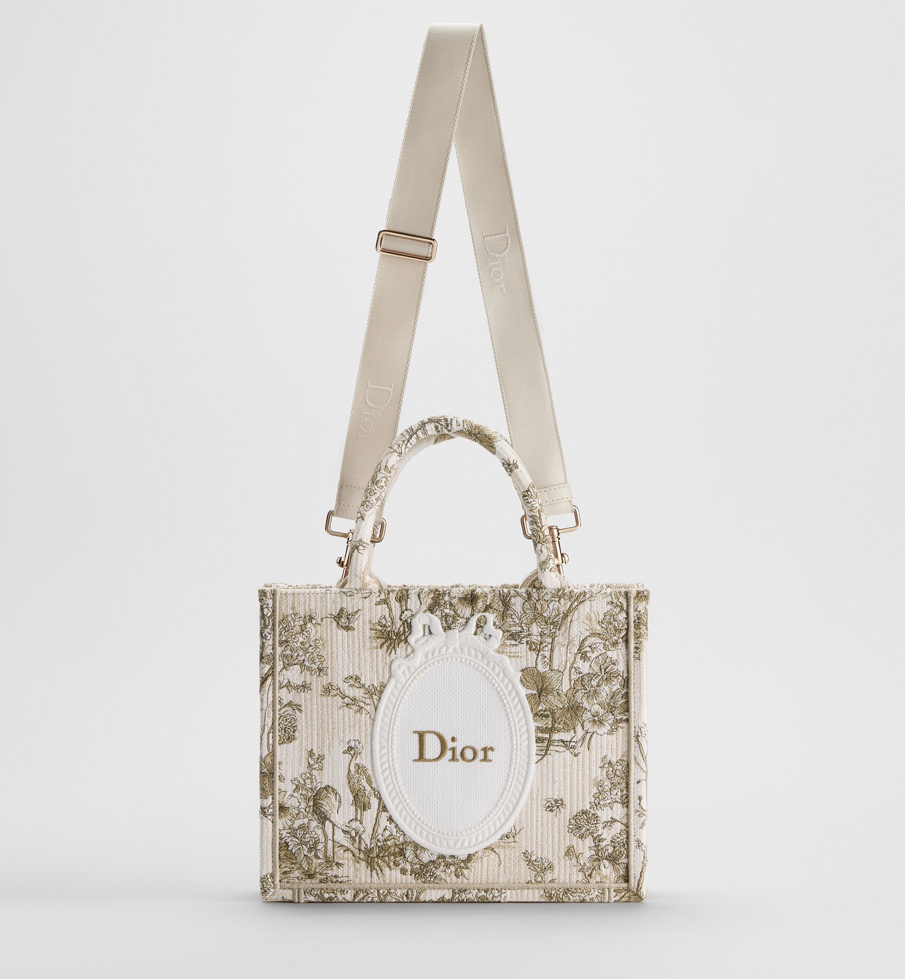 Women's Small Book Tote With Beige Multicolor Toile De Jouy Floral Garden Embroidery And Strap