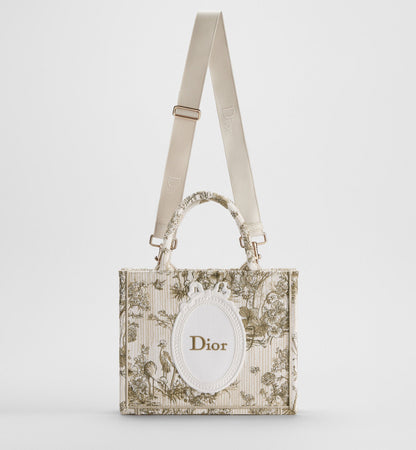 Women's Small Book Tote With Beige Multicolor Toile De Jouy Floral Garden Embroidery And Strap