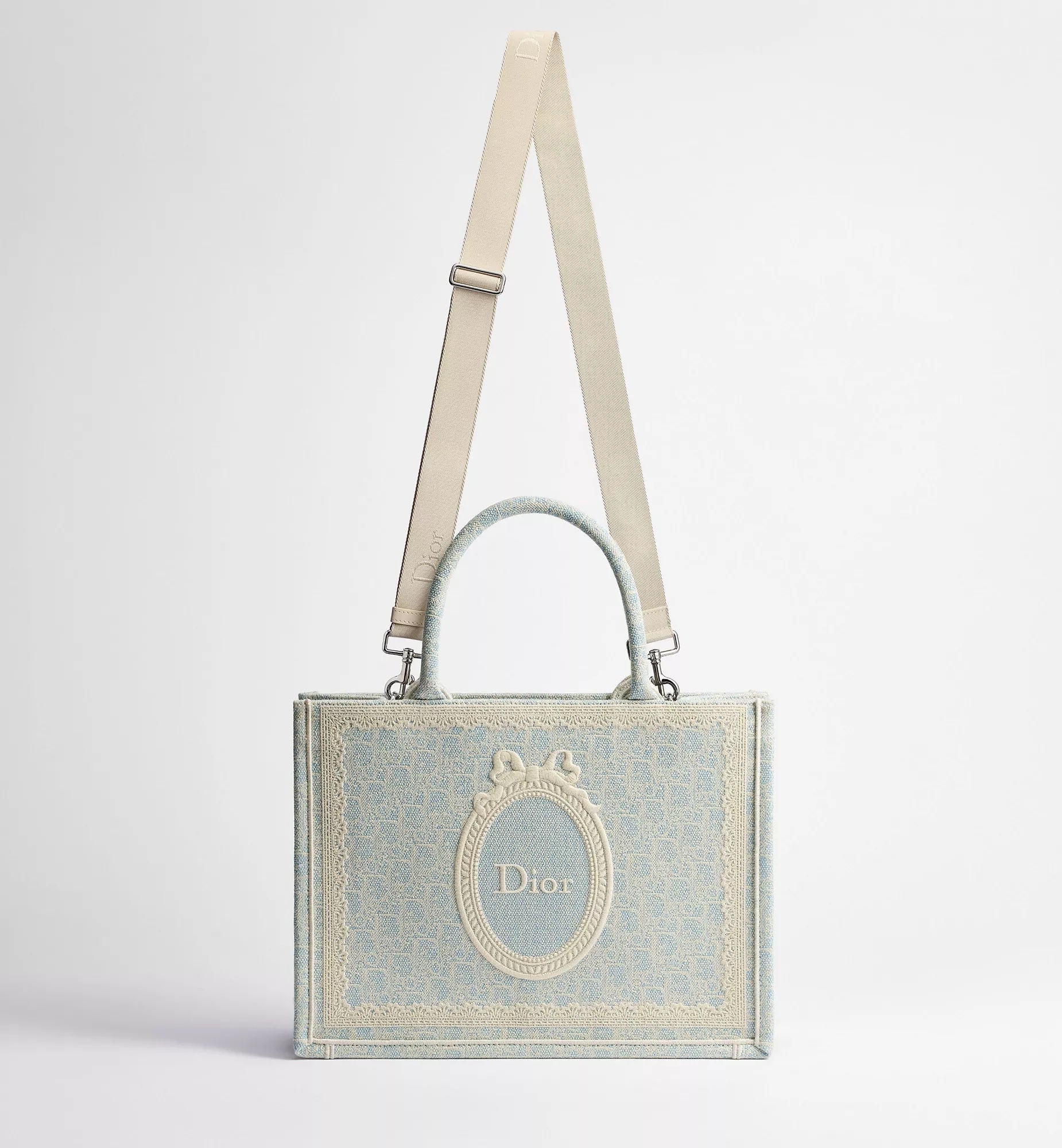 Women's Medium Book Tote With Céleste Blue Washed Embroidery And Shoulder Strap