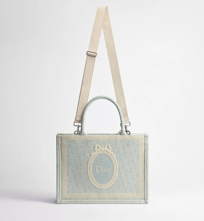 Women's Medium Book Tote With Céleste Blue Washed Embroidery And Shoulder Strap