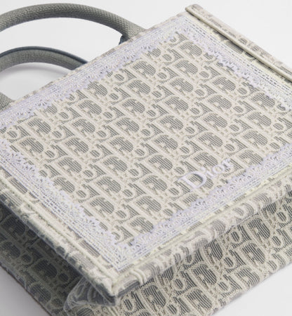 Women's Small Book Tote With Strap In Latte And Gray Oblique Embroidery And White Lace