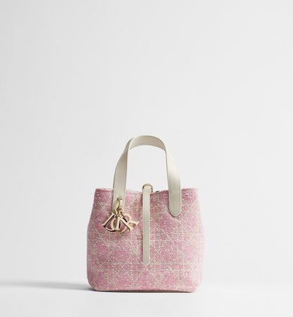 Women's Small Toujours Vertical Tote Bag With Pink Tweed And White Cannage Motif And Strap