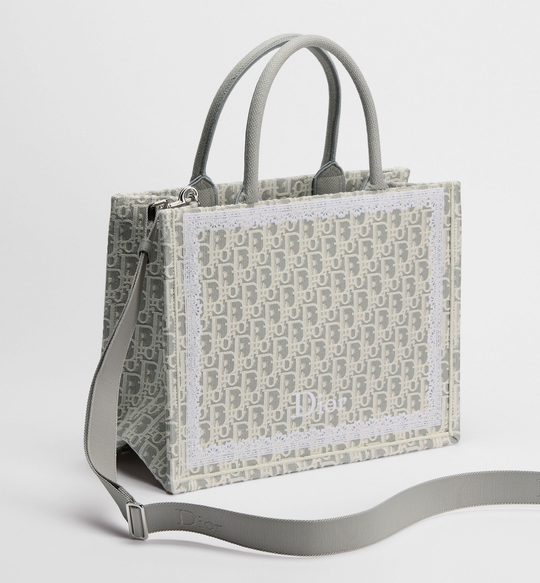Women's Med Book Tote With Latte & Gray Oblique Embroidery & White Lace & Strap