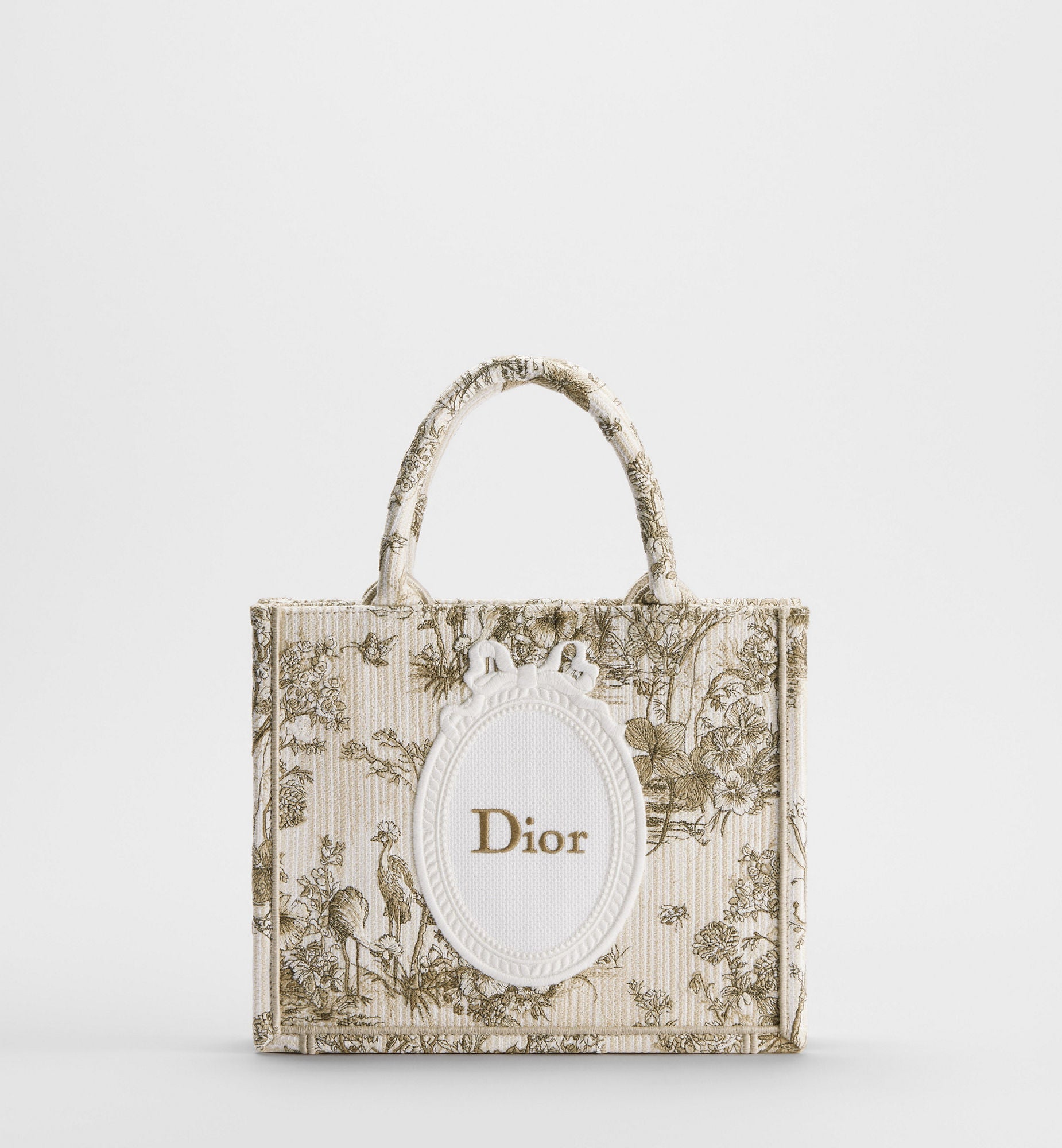Women's Small Book Tote With Beige Multicolor Toile De Jouy Floral Garden Embroidery And Strap