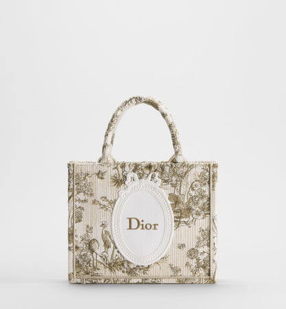 Women's Small Book Tote With Beige Multicolor Toile De Jouy Floral Garden Embroidery And Strap