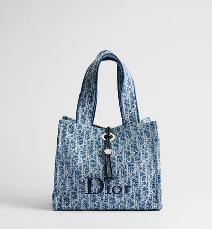 Women's Small Spongy Book Tote With Blue Textured Fabric And Embroidered Signature