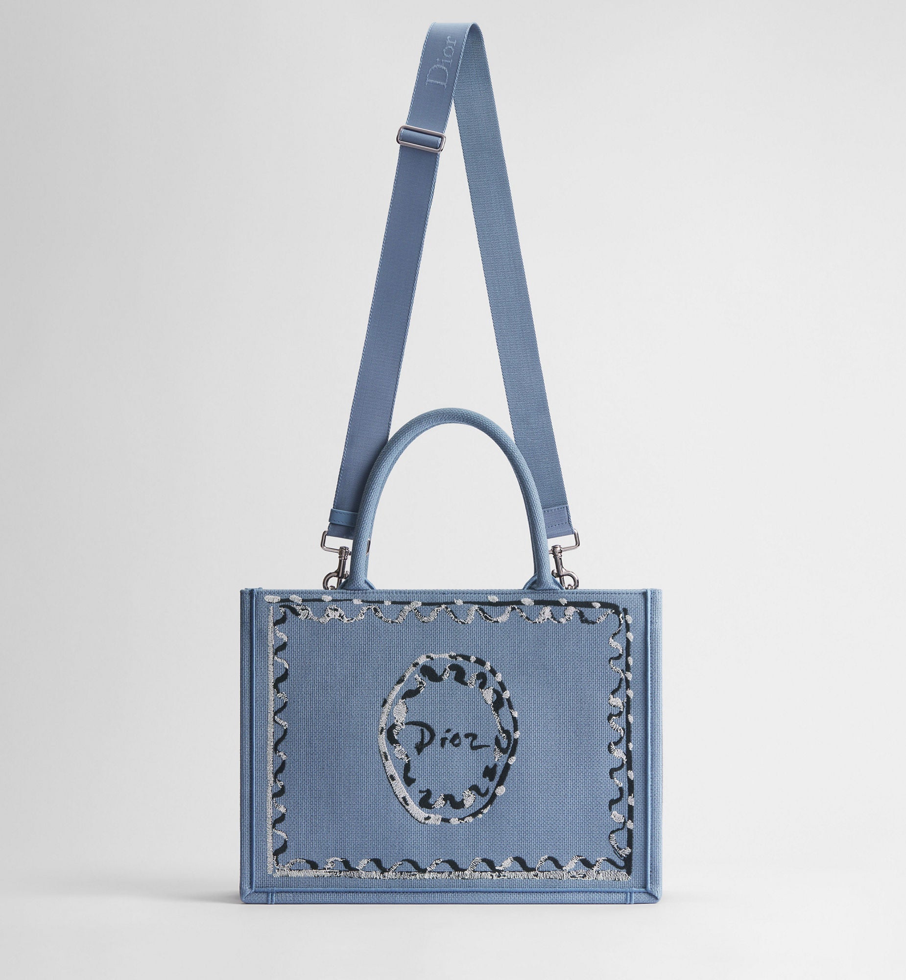 Women's Medium Book Tote With Blue-Greige Painted Ribbon And Shoulder Strap